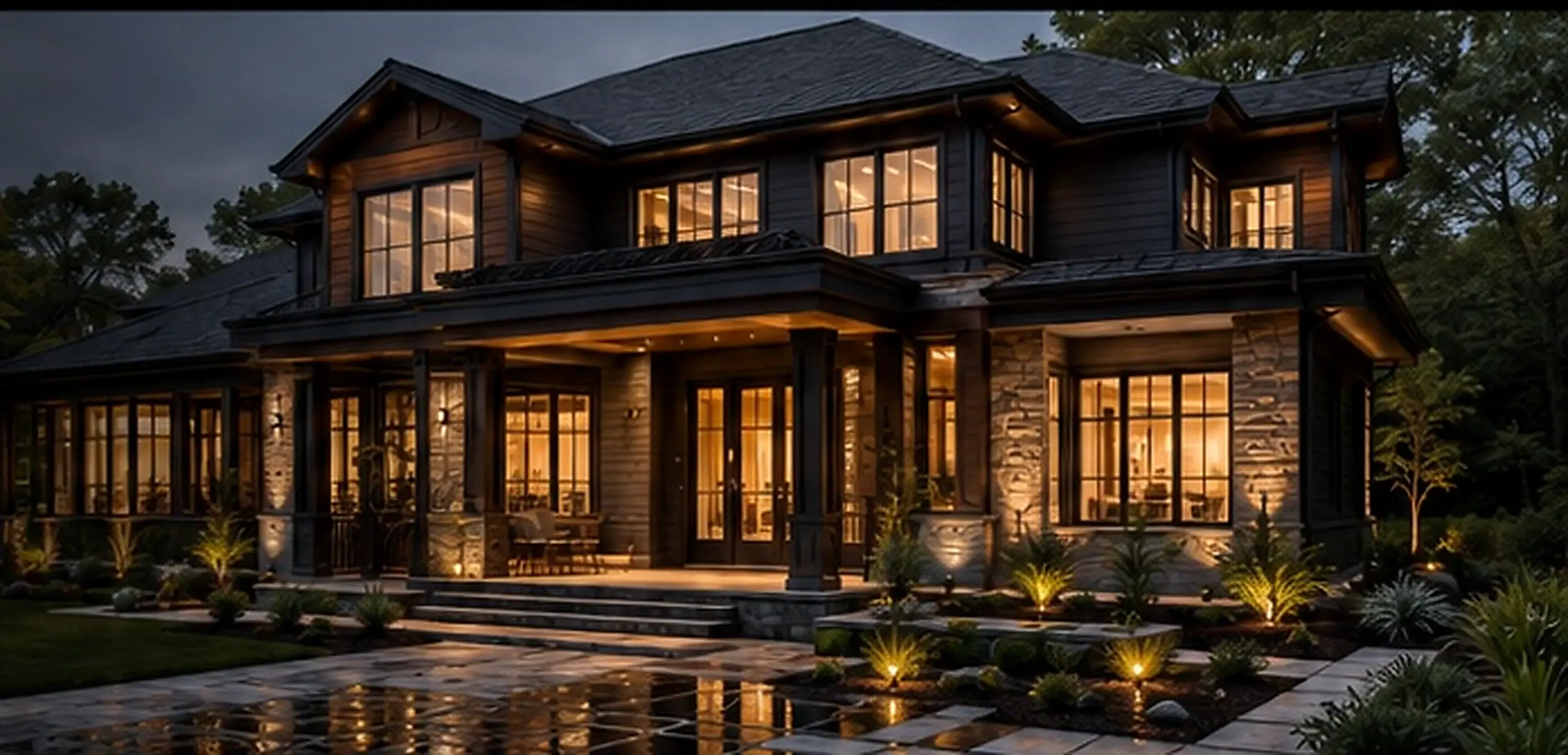 Dark modern home illuminated at night
